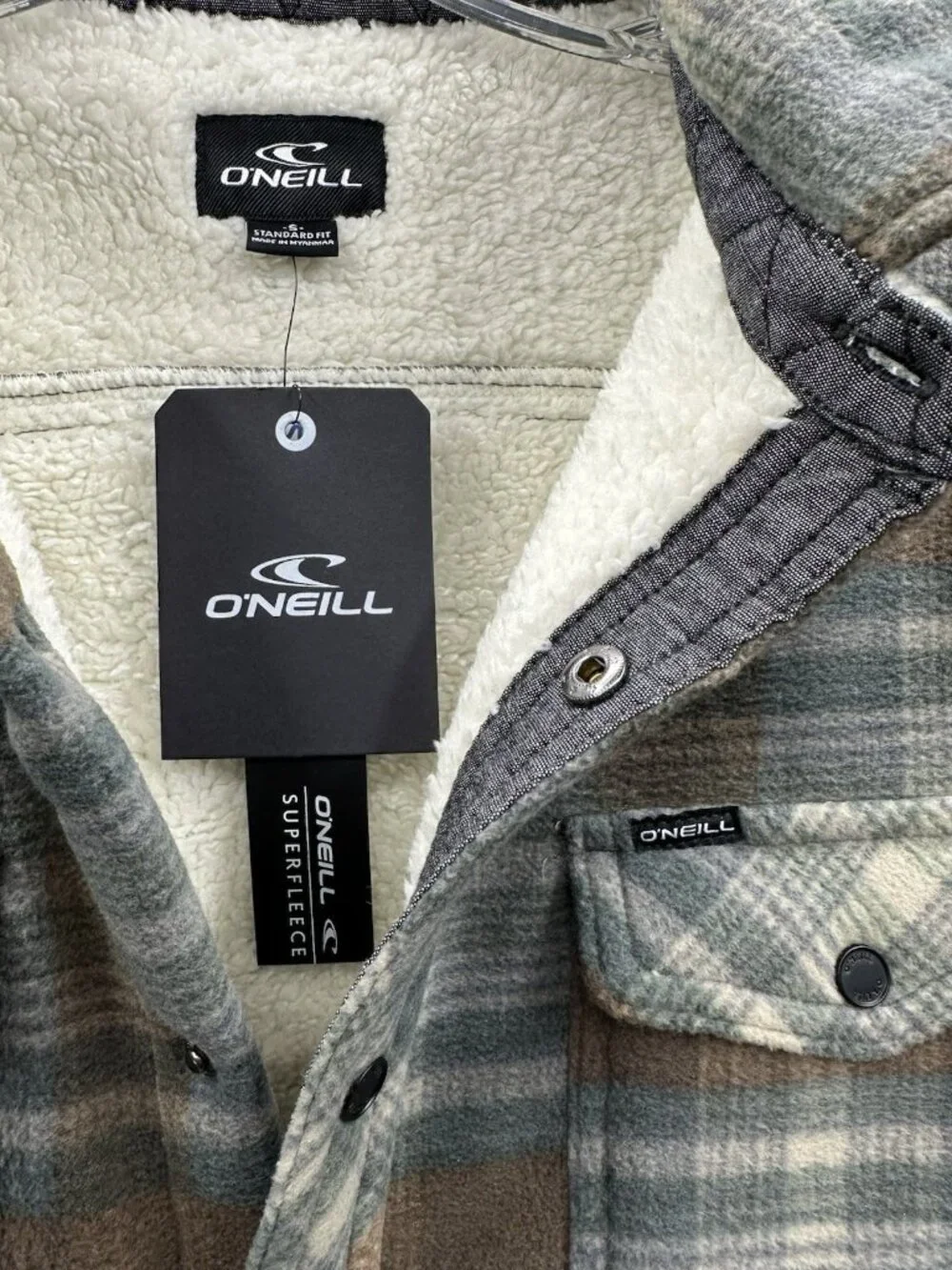 O'Neill Super Fleece Shirt Mens S Shacket Snap Front Spruce Plaid Sherpa Lined